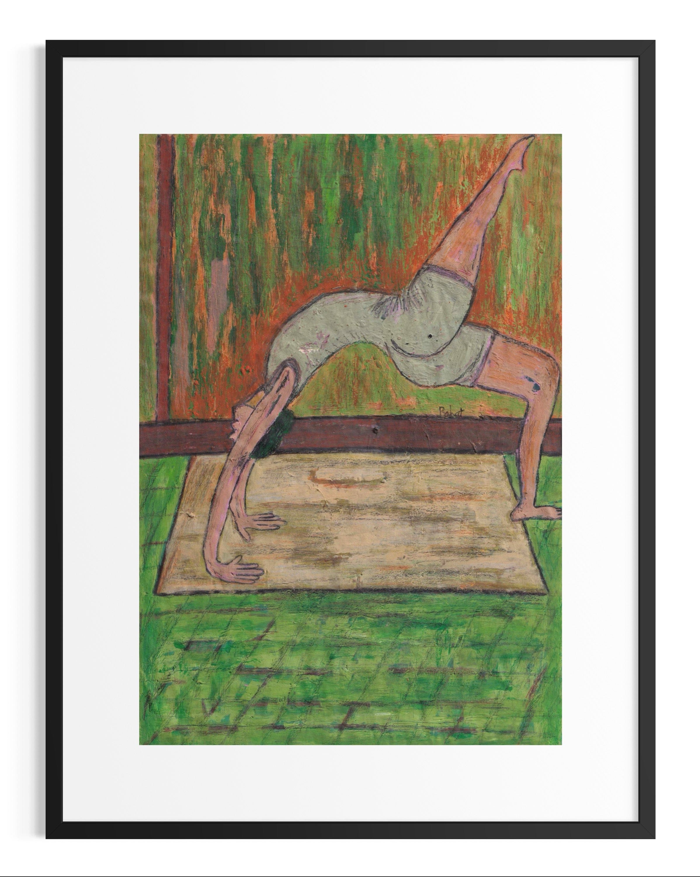 Framed artwork of a person in a yoga pose on a mat with a green background